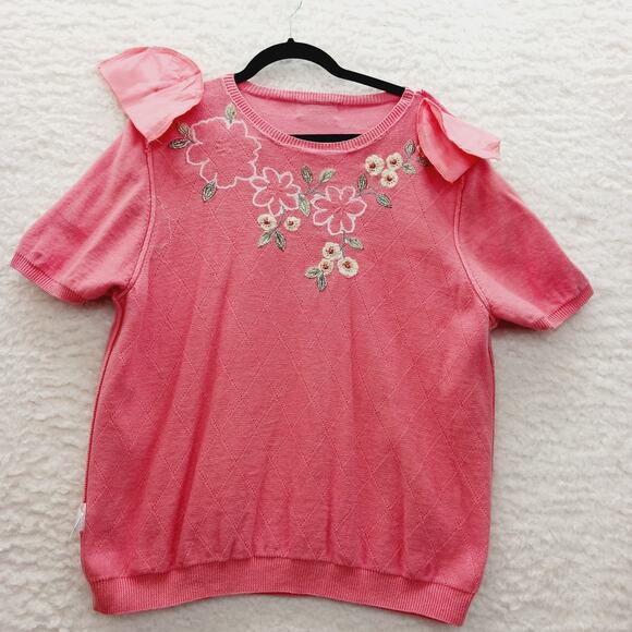 Sweater Size XL Peach Pink Embroidery Bead Bloomcore Grandmacore Applique Floral - Picture 14 of 16